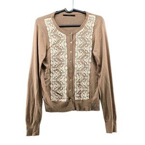 Akiabara Wool Alpaca Cashmere Blend Cardigan Crochet Tan Button Womens Sz 2
